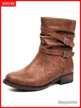 Women's Western Mid-Calf Boots Low Chunky Heel Zip Faux Leather